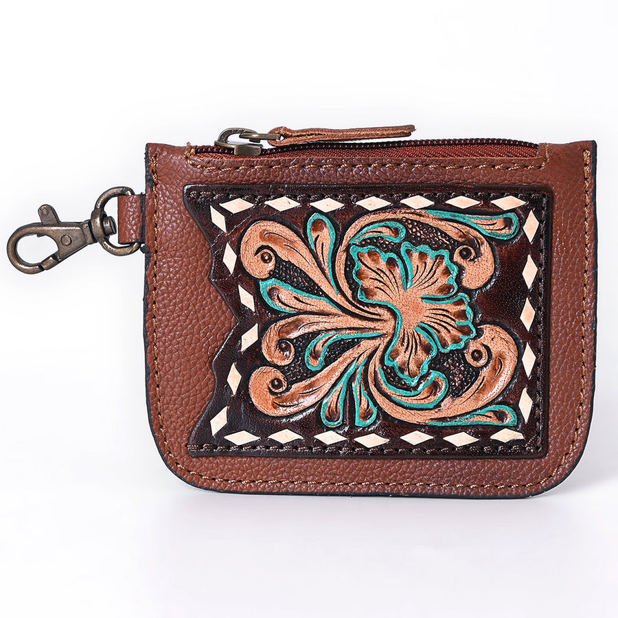 American Darling Hand Tooled Floral Carved Coin Purse Genuine Vegetable-Tanned Full Grain Leather Western Accessories