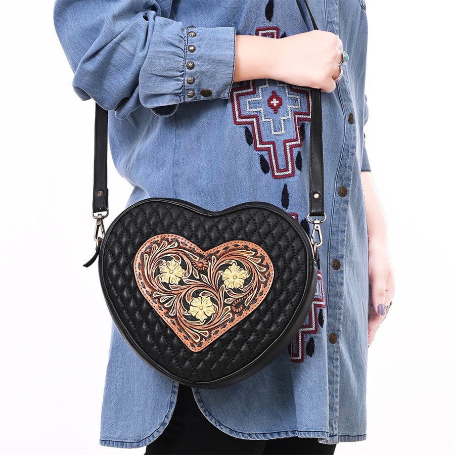 American Darling Women's Quilted Hand Tooled Floral Carved Genuine Leather Canteen Bag Eco-Friendly Full Grain Western Purse