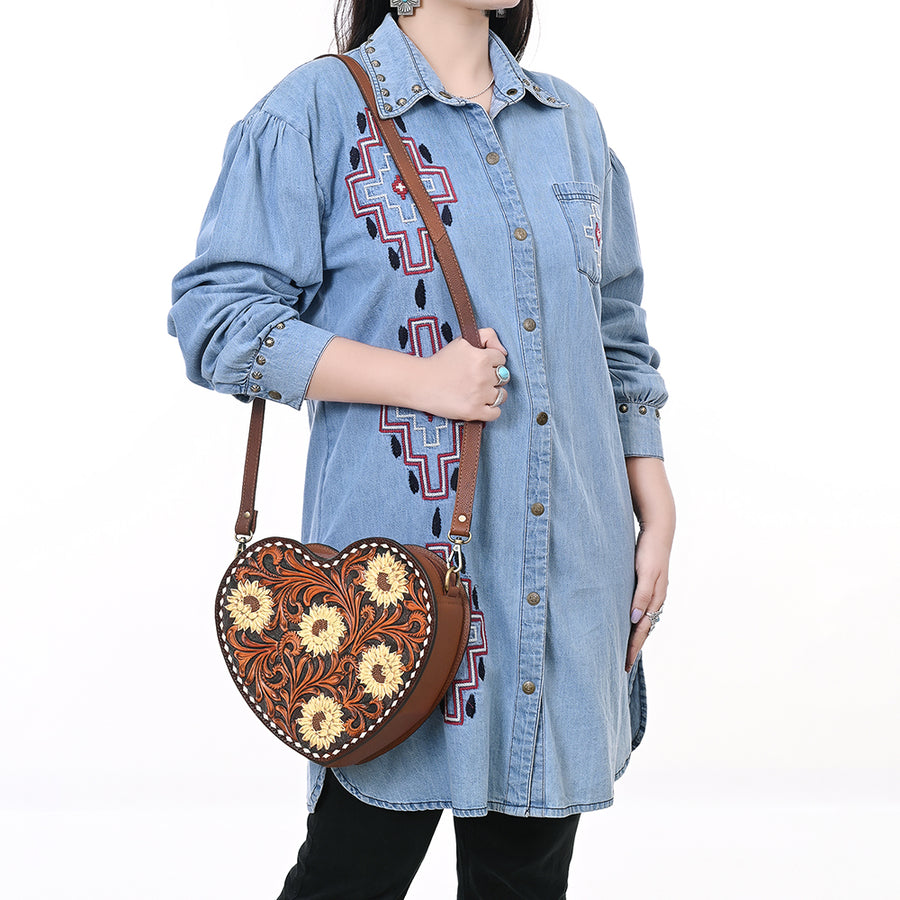 American Darling Women's Hand Tooled Floral Carved Genuine Leather Canteen Bag Eco-Friendly Full Grain Western Purse