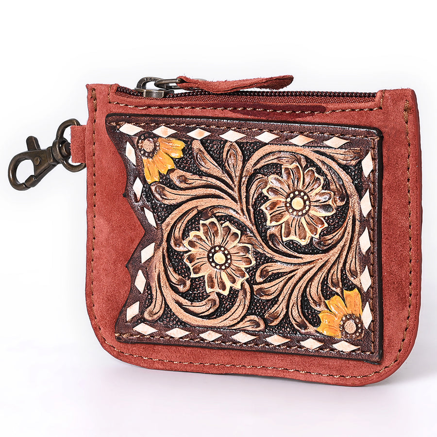 American Darling Hand Tooled Floral Carved Genuine Leather Coin Purse - Uhorse