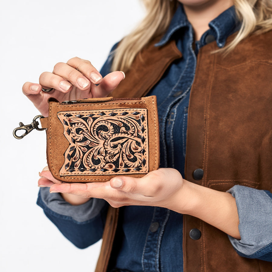 American Darling Women's Hand Tooled Floral Carved Genuine Leather Coin Purse Eco-Friendly Full Grain Western Wallet