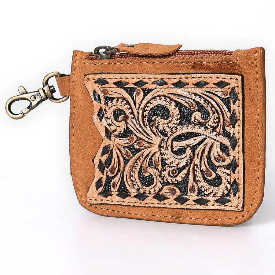 American Darling Hand Tooled Floral Carved Genuine Leather Coin Purse - Uhorse