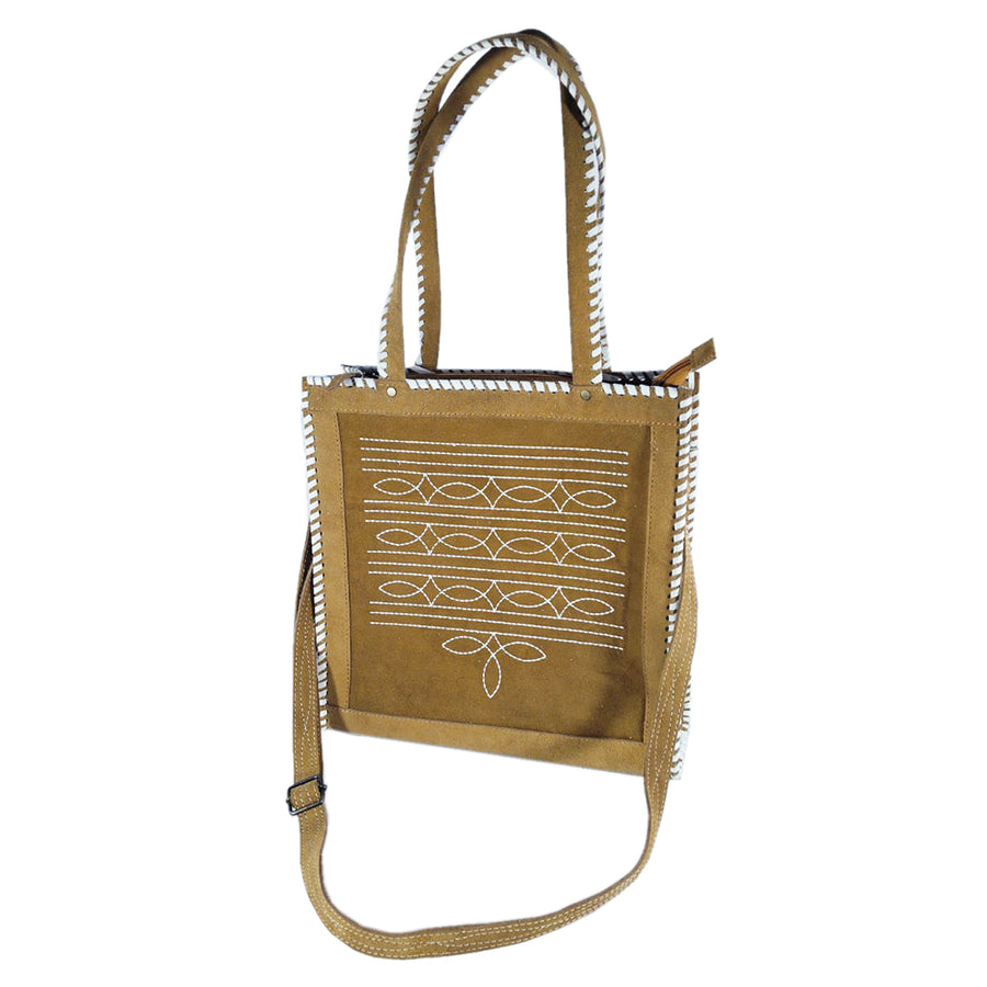Tan leather tote bag with geometric stitching detail - Uhorse