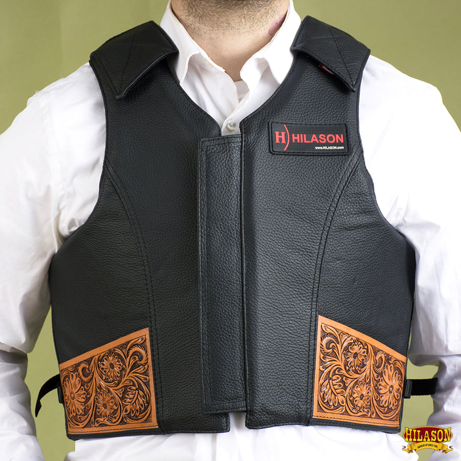 Large Hilason Bull Riding Rodeo Floral Hand Carved Genuine Leather Vest Black Safety Protective Gear Equipment
