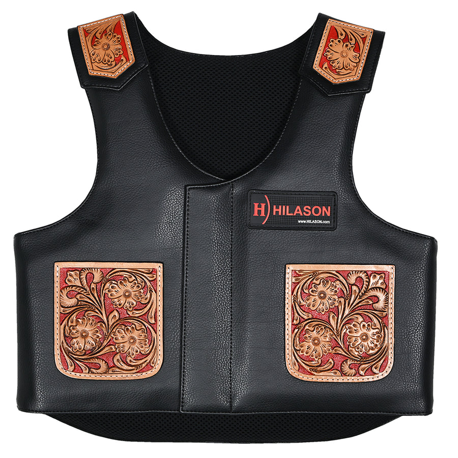 Hilason Bull Riding Kids Junior Youth Pro Rodeo Genuine Leather Vest With Floral Hand Carved - Uhorse