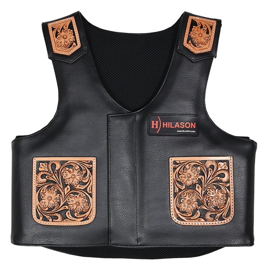Hilason Bull Riding Kids Junior Youth Pro Rodeo Genuine Leather Vest With Floral Hand Carved - Uhorse