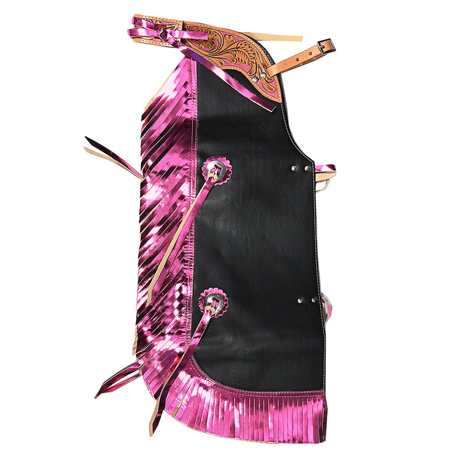Hilason Pro Rodeo Bull Riding Chaps Western Leather kid Black Pink Fringes - Uhorse