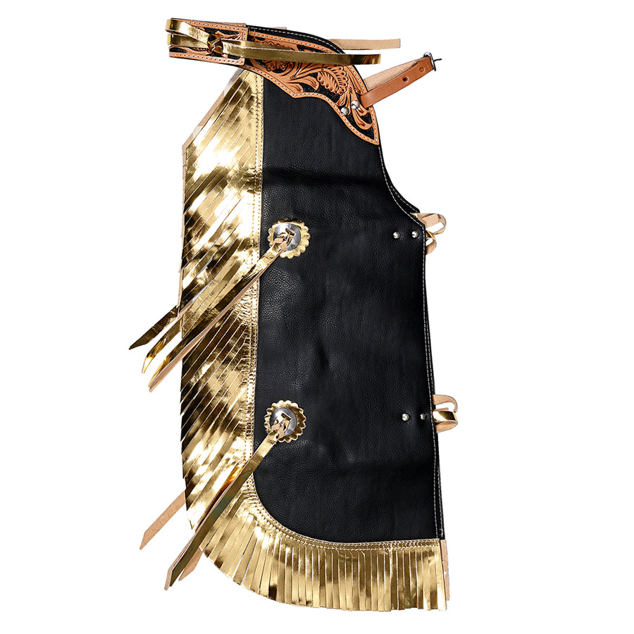 Hilason Pro Rodeo Bull Riding Chaps Western Leather kid Black Golden Fringes - Uhorse