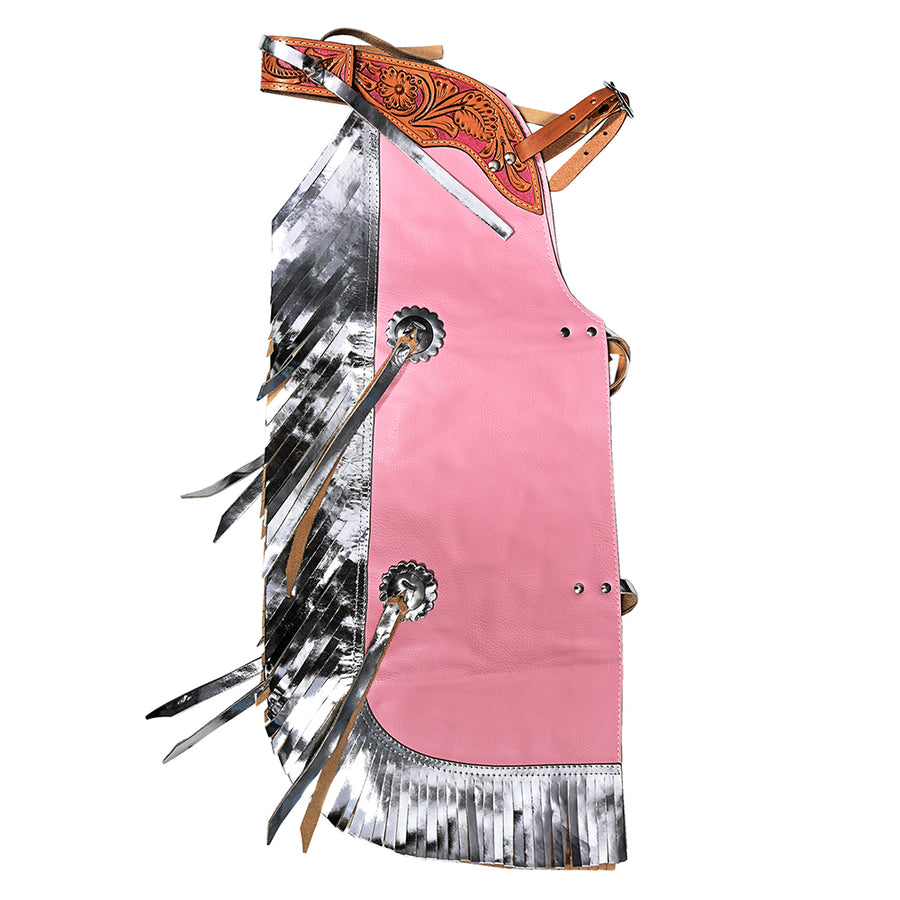 Hilason Pro Rodeo Bull Riding Chaps Western Leather kid Pink Silver Fringes - Uhorse