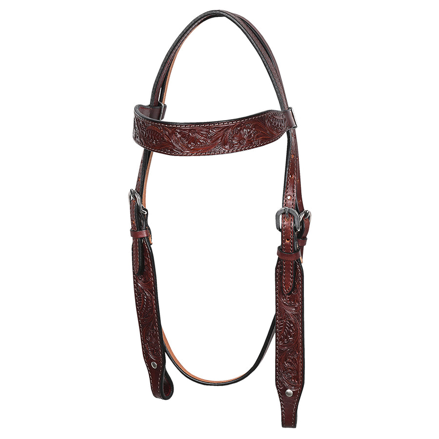 Hilason Western Horse Floral Hand Carved Genuine Leather Headstall Brown Stainless Steel Hardware - Uhorse
