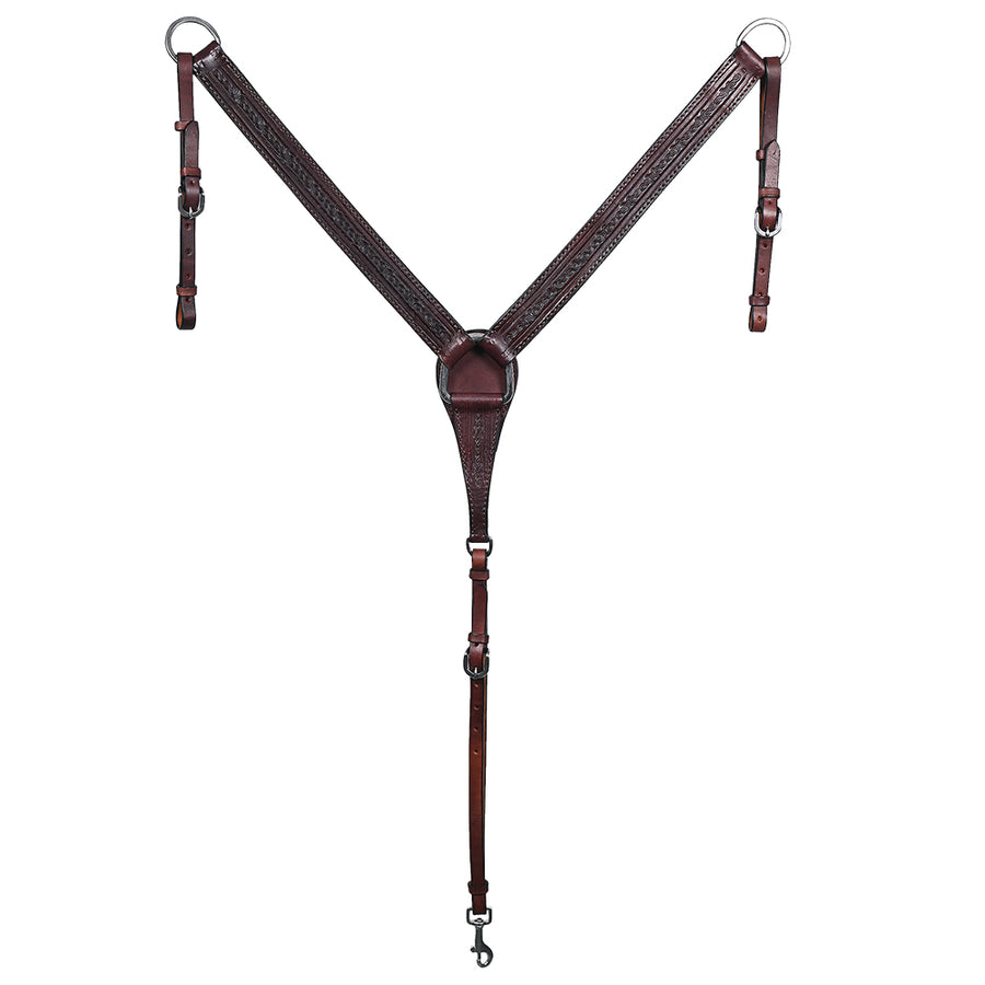 Hilason Western Horse Barb Wire Hand Tooled Genuine Leather Breast Collar Brown Stainless Steel Hardware - Uhorse