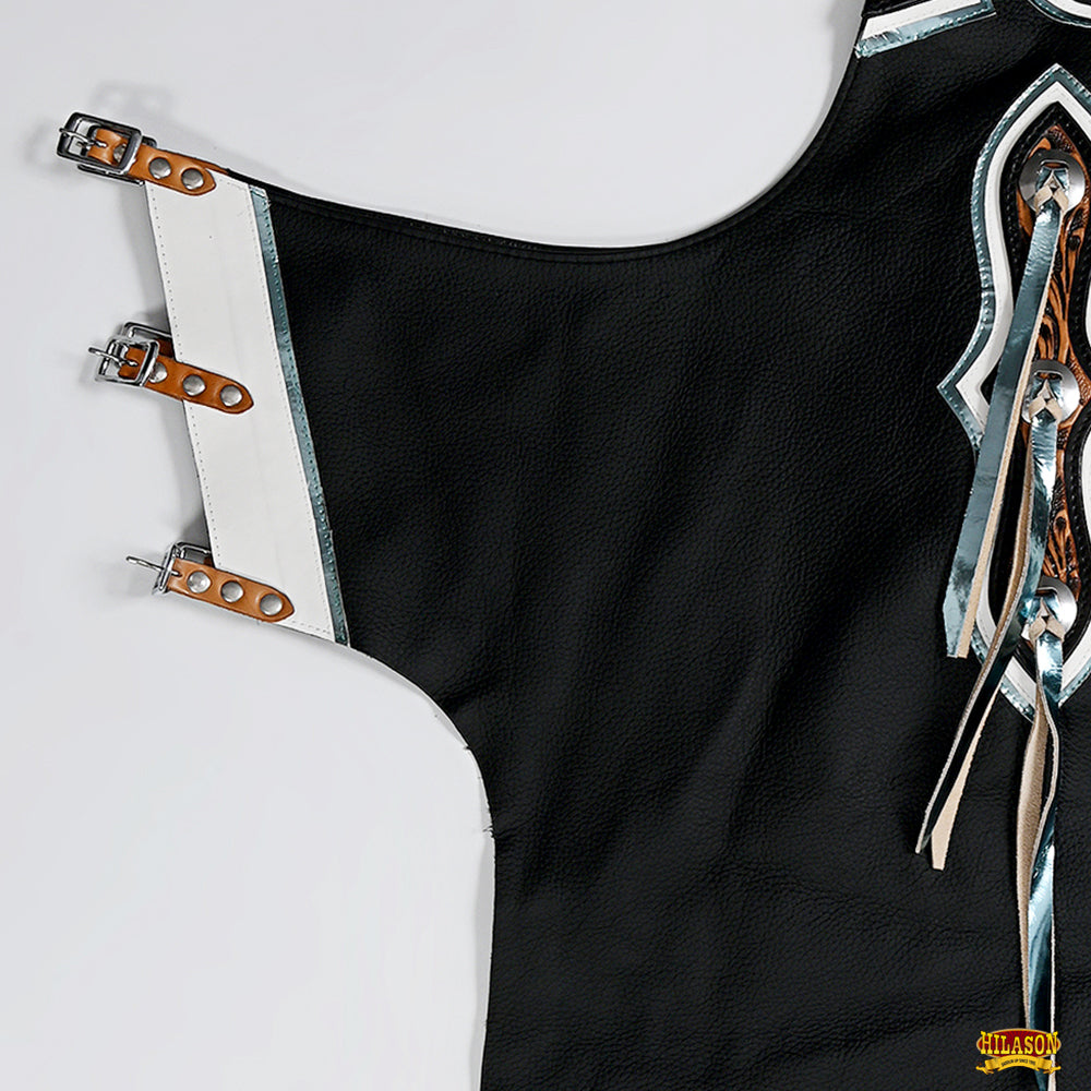 Hilason Bull Riding Pro Rodeo Chaps Black Genuine Leather