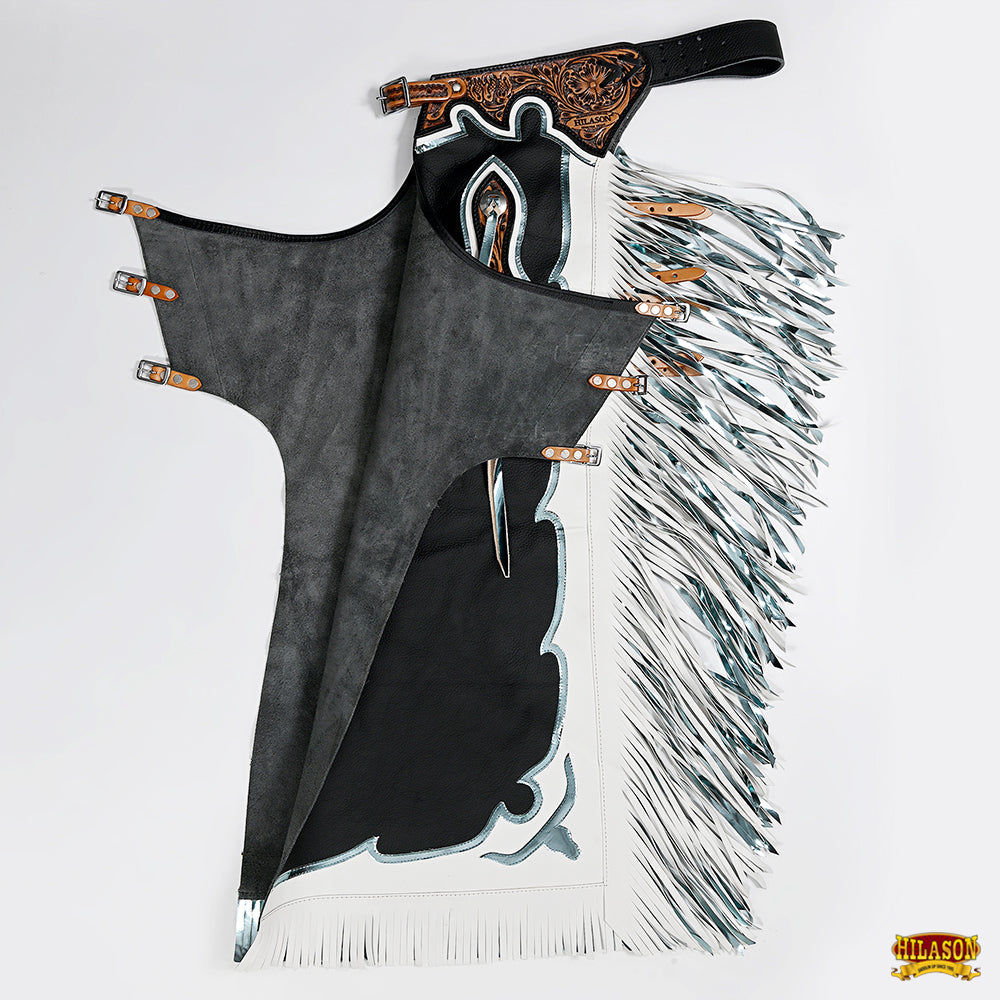Hilason Bull Riding Pro Rodeo Chaps Black Genuine Leather