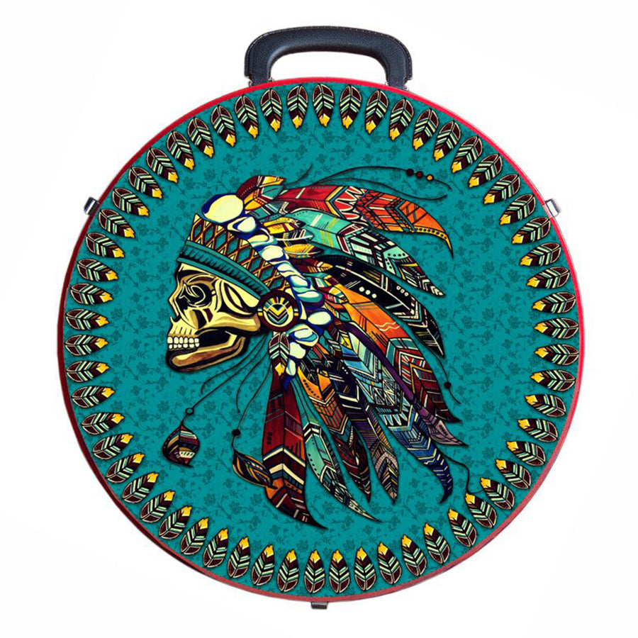 Turquoise round carrying case with feathered headdress design - Uhorse