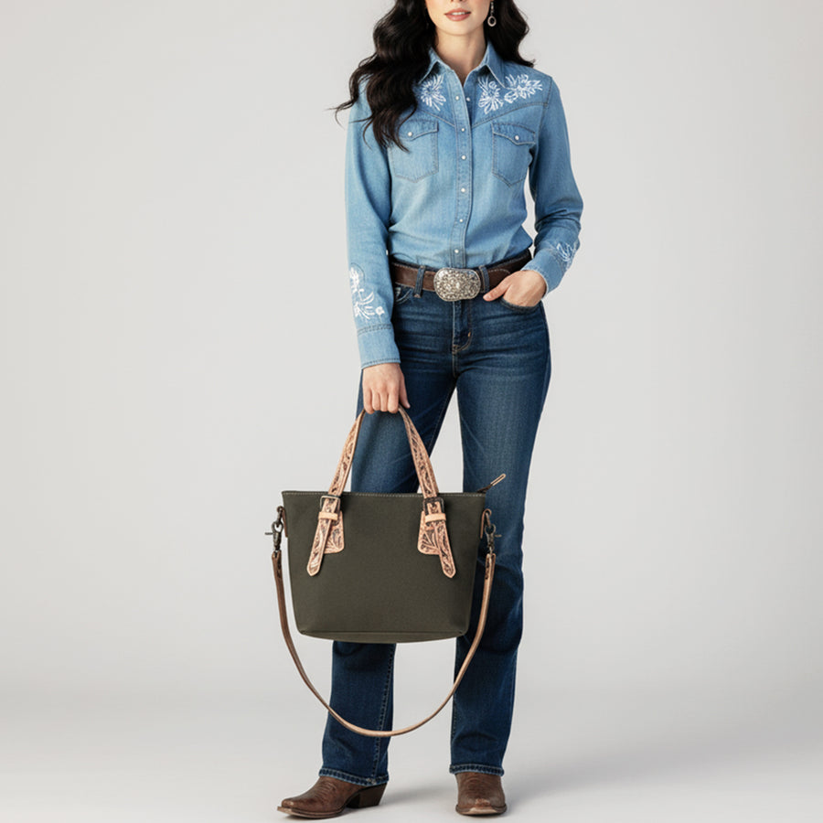 American Darling Western Cross Body Bag Handcrafted from Canvas & Tooled Genuine Leather | Floral Carved Straps, Detachable Carry & YKK Zipper