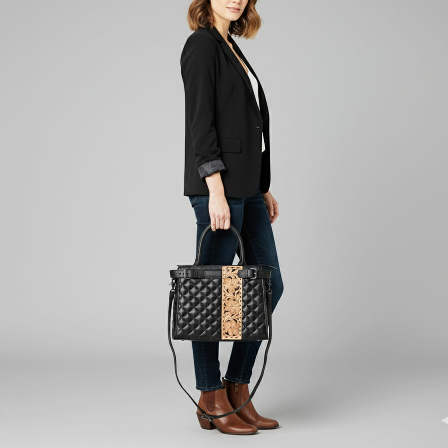 American Darling Western Tote Bag Handcrafted from Quilted Genuine Leather | Hand-Tooled Floral Vertical Panel, Buckstitch Detail & YKK Zipper