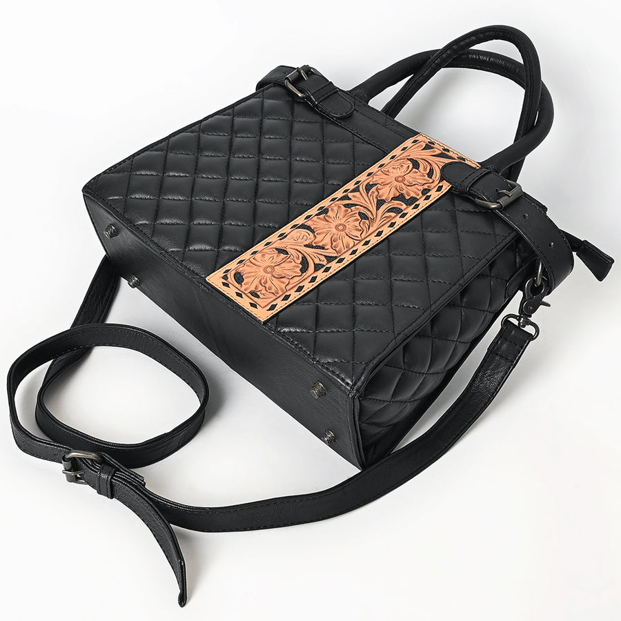 American Darling Western Tote Bag Handcrafted from Quilted Genuine Leather | Hand-Tooled Floral Vertical Panel, Buckstitch Detail & YKK Zipper