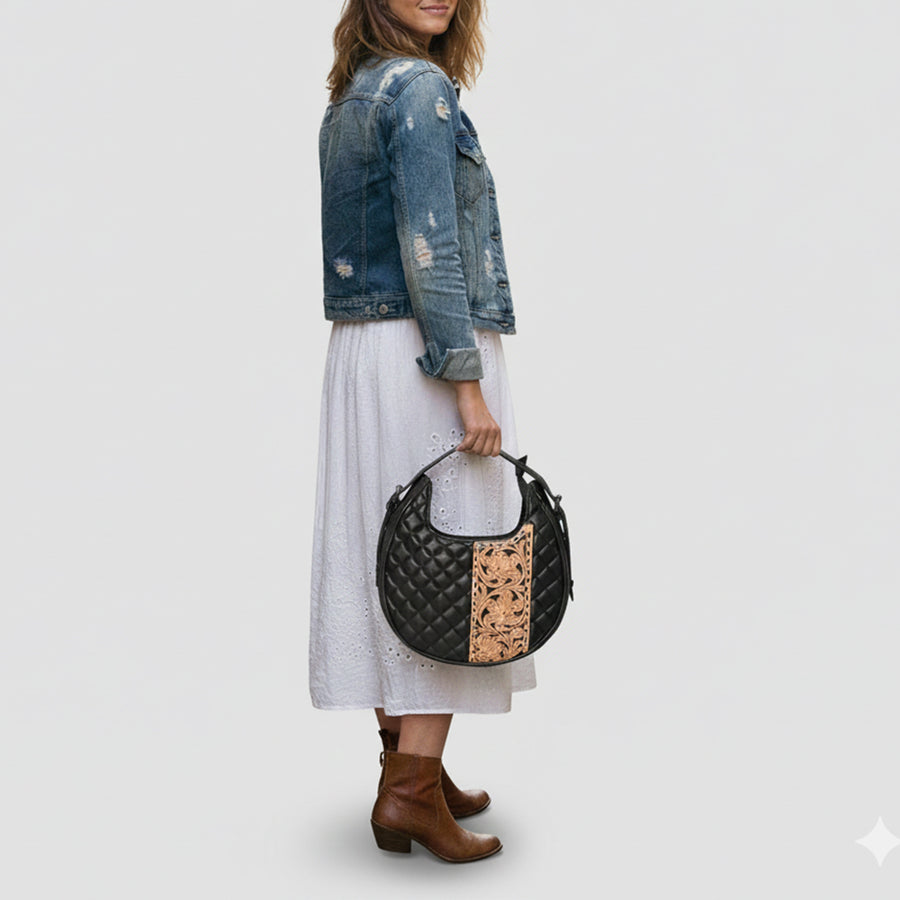 American Darling Western Hobo Bag Handcrafted from Quilted Genuine Leather | Hand-Tooled Floral Yoke Panel, Buckstitch Detail & YKK Zipper