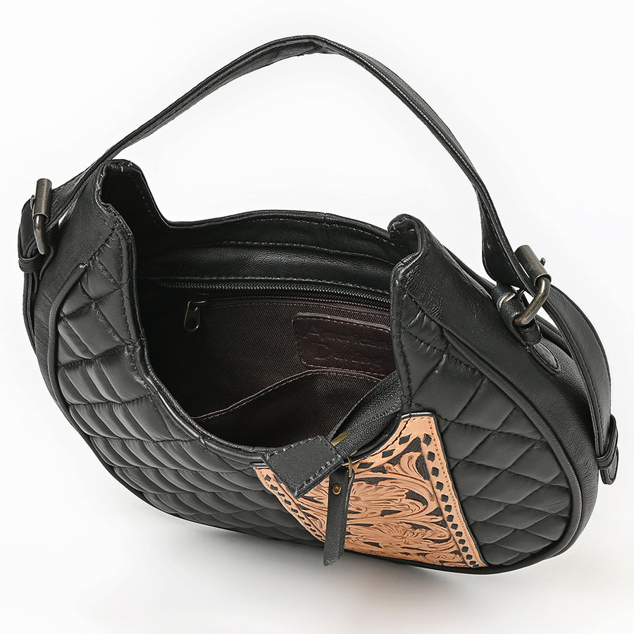 American Darling Western Hobo Bag Handcrafted from Quilted Genuine Leather | Hand-Tooled Floral Yoke Panel, Buckstitch Detail & YKK Zipper