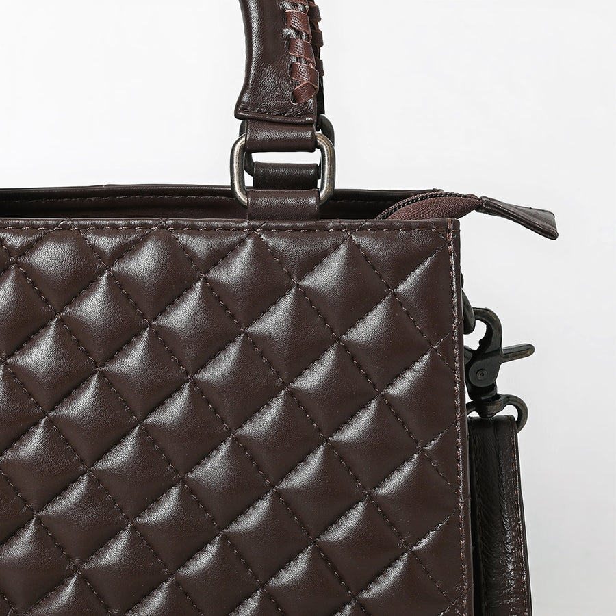 American Darling Western Tote Bag Handcrafted from Quilted Genuine Leather | Braided Handles, Tooled Floral Base & YKK Zipper