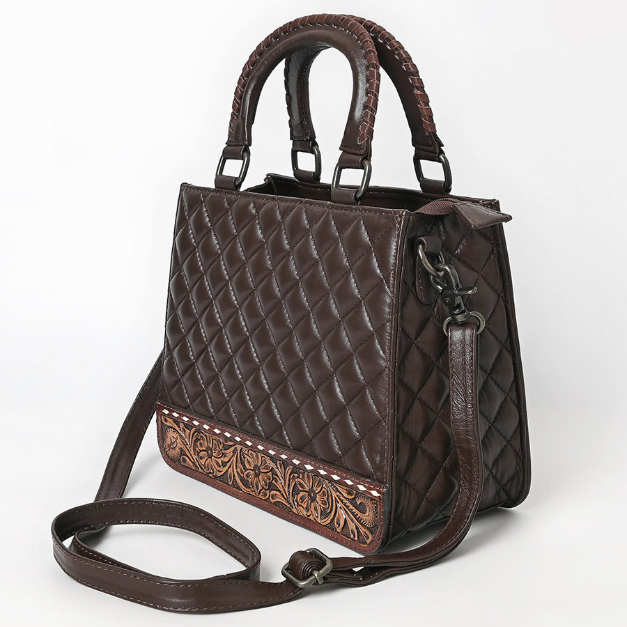 American Darling Western Tote Bag Handcrafted from Quilted Genuine Leather | Braided Handles, Tooled Floral Base & YKK Zipper