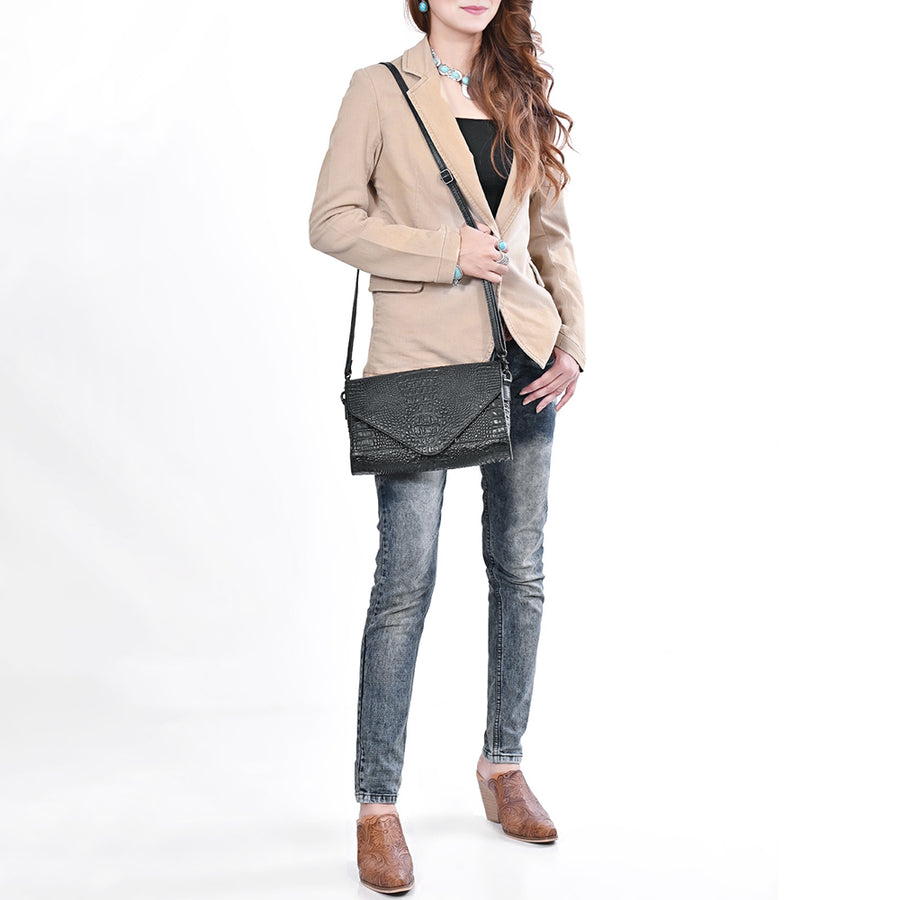 American Darling Small Western Cross Body Bag Handcrafted from Crocodile Embossed Genuine Leather | Envelope Flap Closure & YKK Zipper