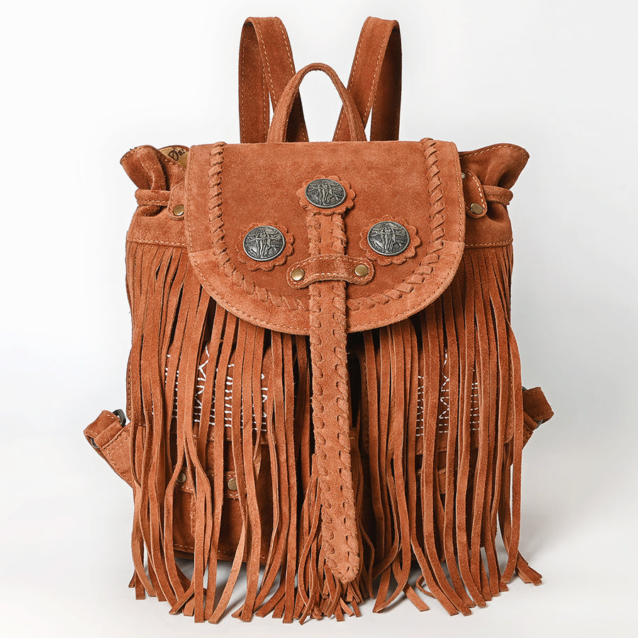 American Darling Western Backpack Bag Handcrafted from Genuine Suede Leather | Full Fringe, Concho Studs, Boot Stitched Flap & YKK Zipper