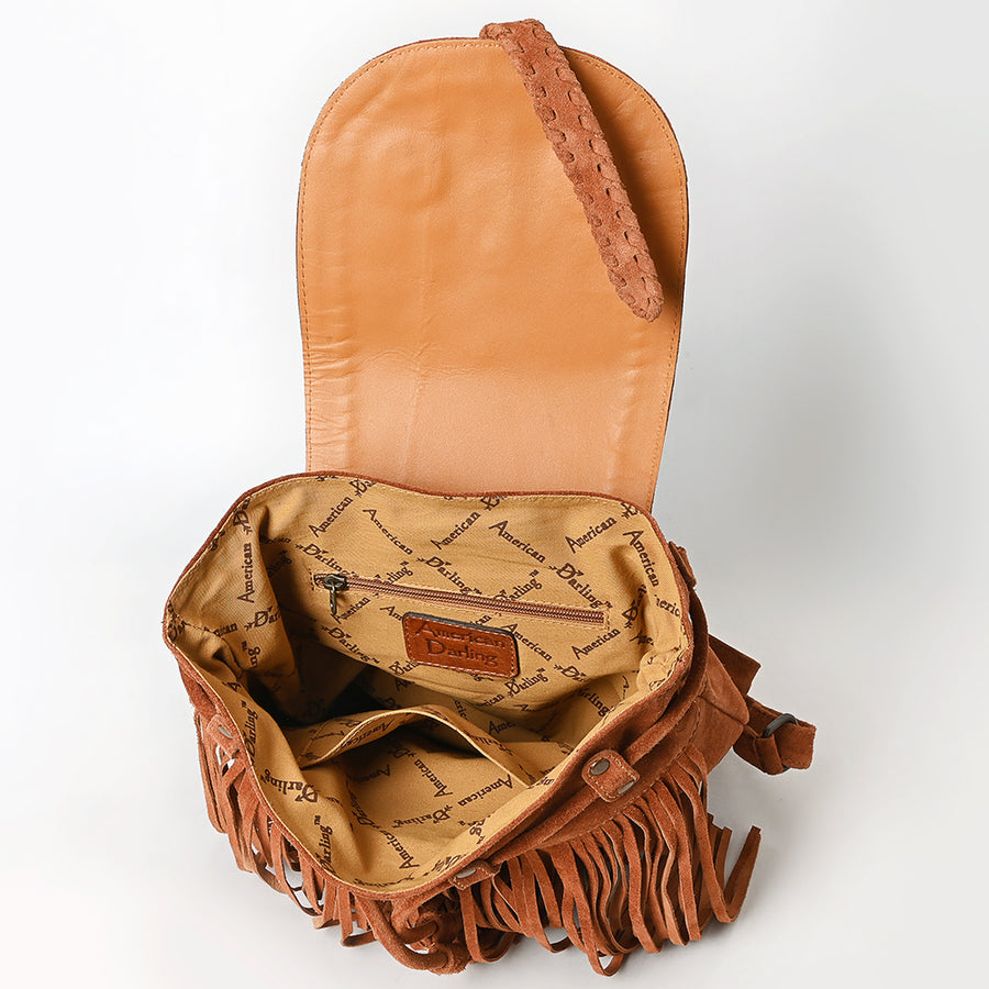 American Darling Western Backpack Bag Handcrafted from Genuine Suede Leather | Full Fringe, Concho Studs, Boot Stitched Flap & YKK Zipper
