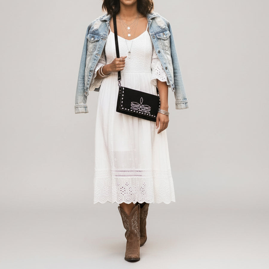 American Darling Western Wallet Handcrafted from Black Genuine Suede Leather | Boot Stitched Design, Studded Trim & YKK Zipper