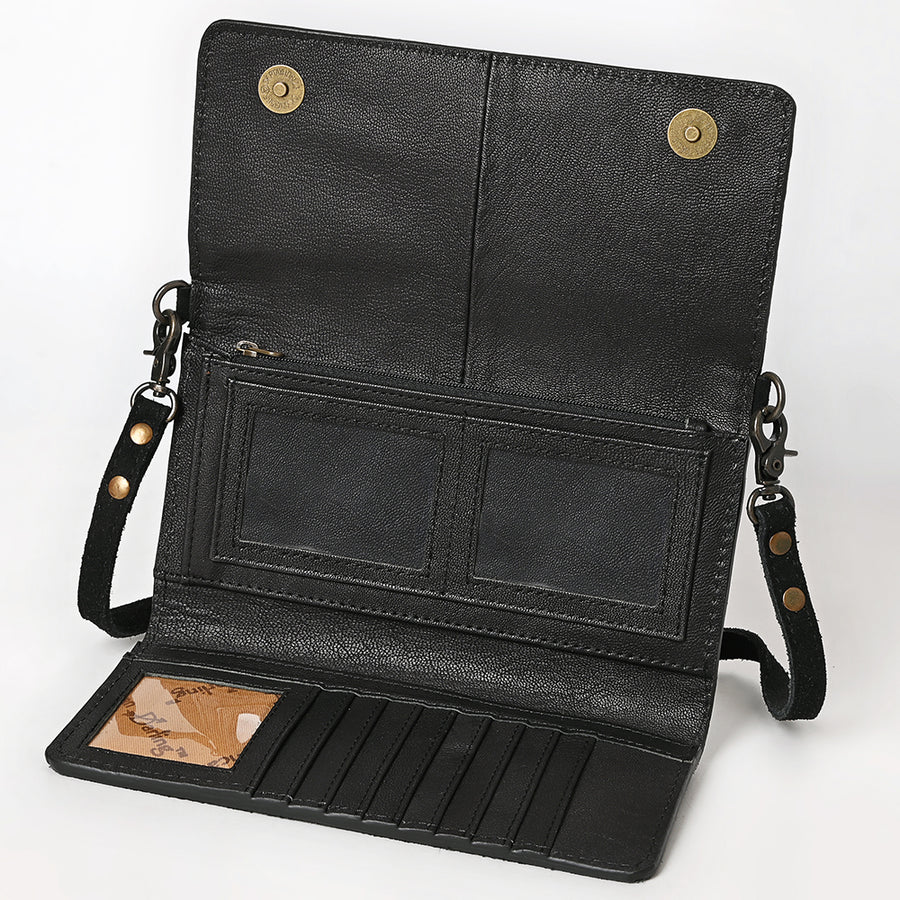 American Darling Western Wallet Handcrafted from Black Genuine Suede Leather | Boot Stitched Design, Studded Trim & YKK Zipper