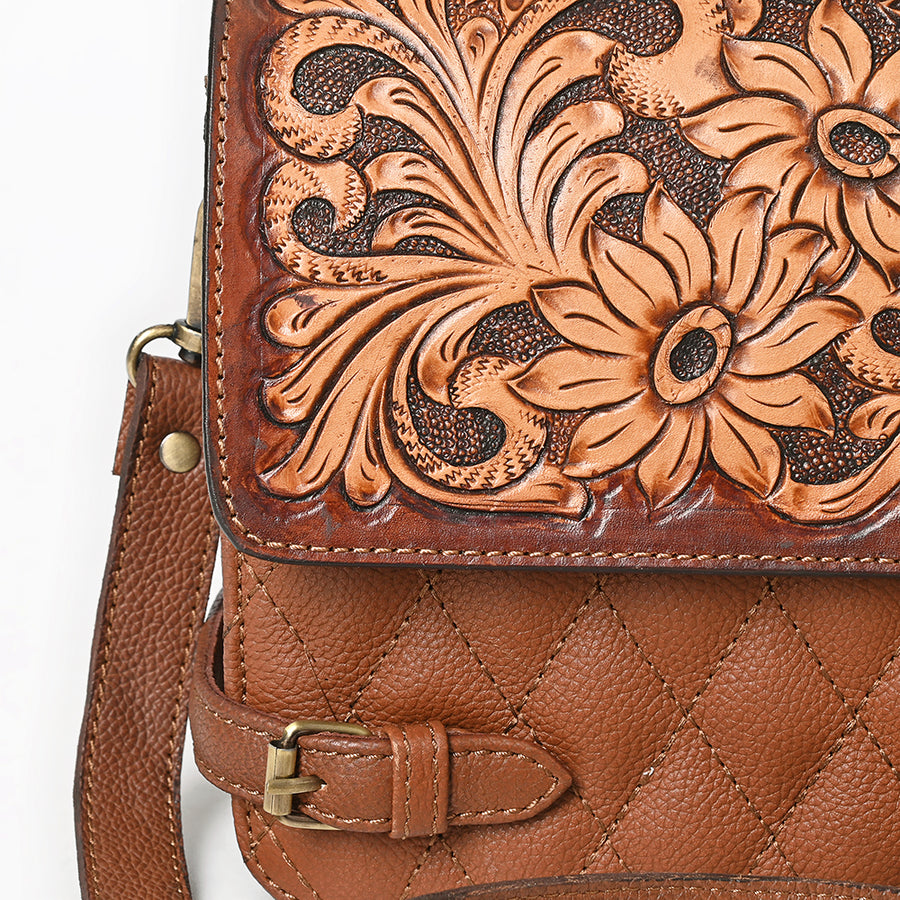 American Darling Women's Quilted Hand Tooled Floral Carved Genuine Leather Small Cross body Bag Eco-Friendly Western Purse