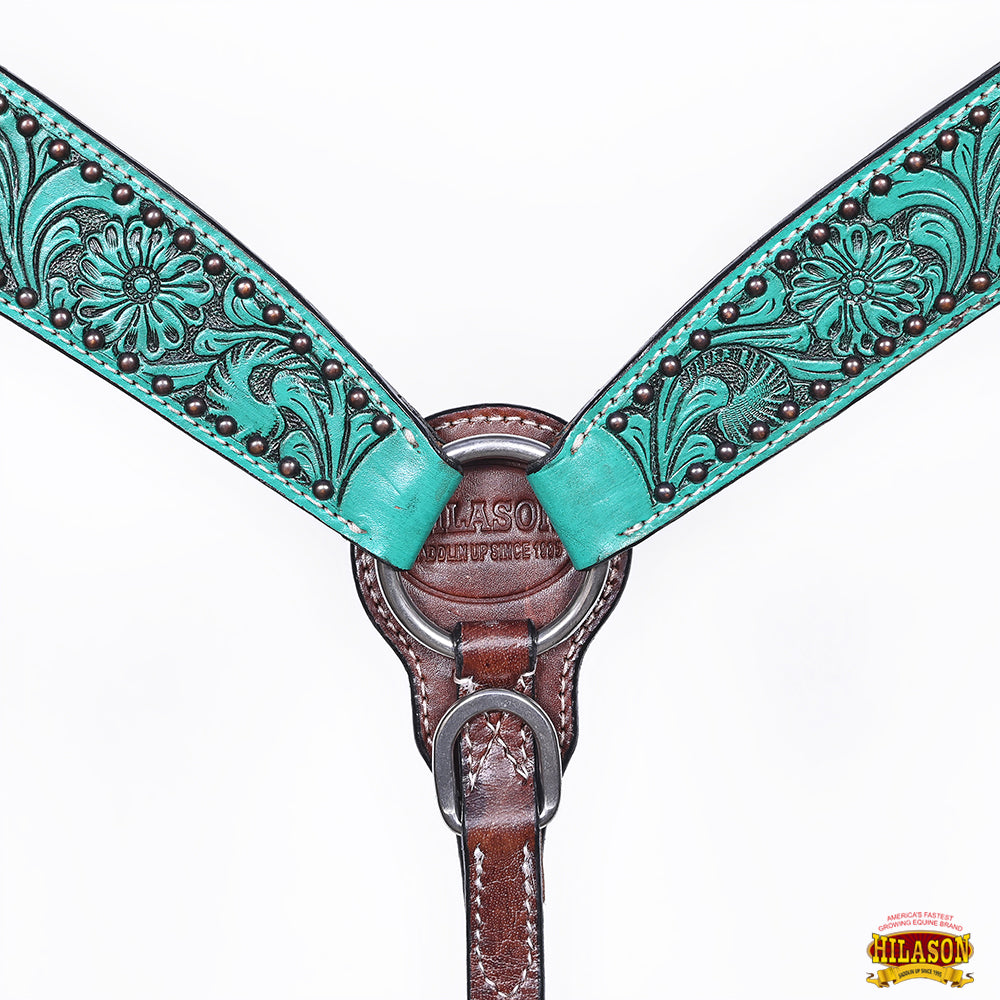 Hilason Horse Floral Hand Painted American Leather Breast Collar Headstall Turquoise
