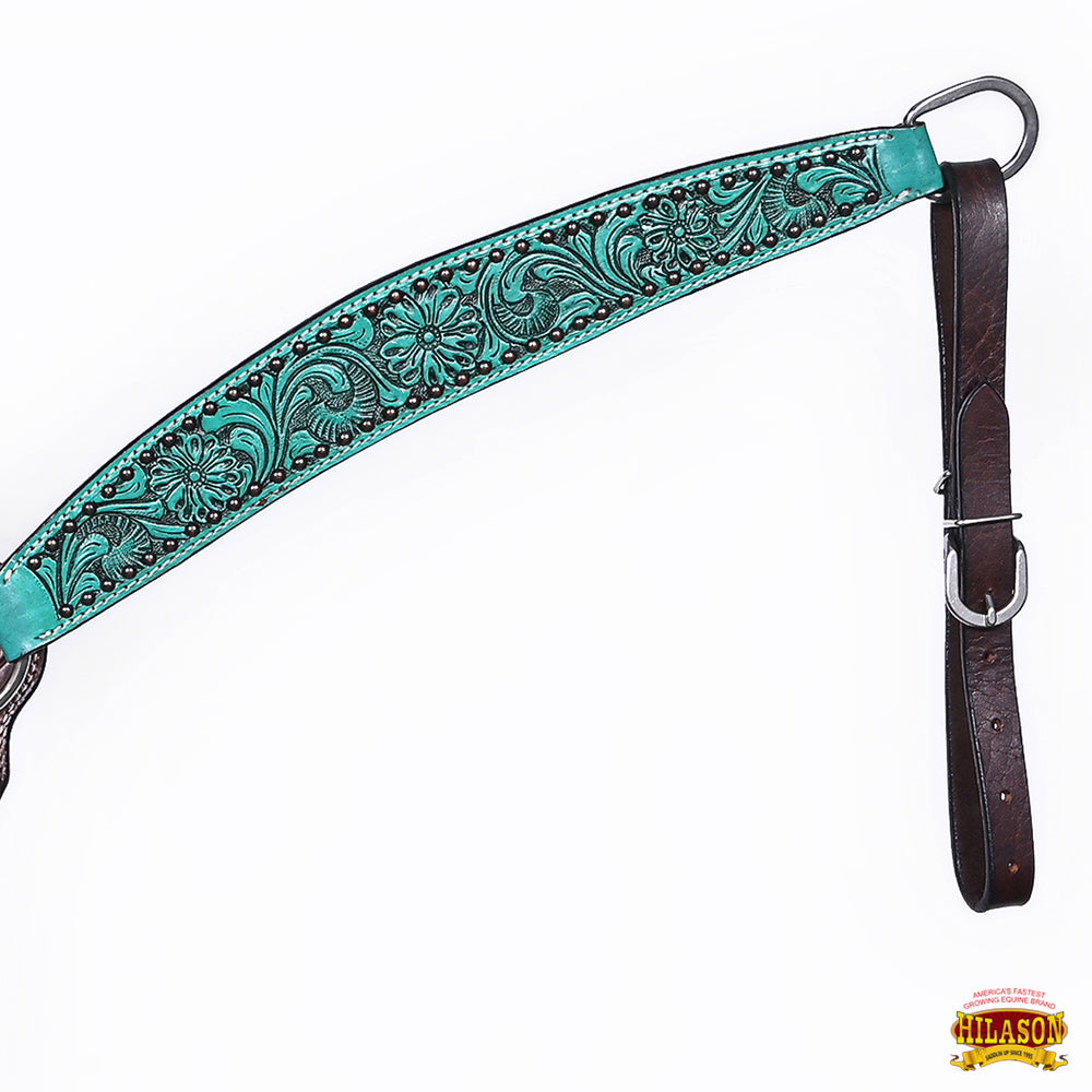 Hilason Horse Floral Hand Painted American Leather Breast Collar Headstall Turquoise