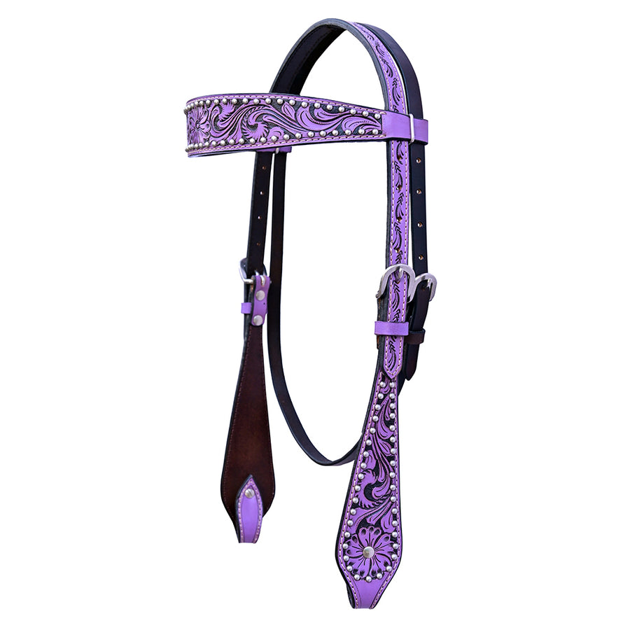 Hilason W. H. Floral Hand Painted American Leather Headstall Purple – by Hilason – Cowboy and equestrian accessories