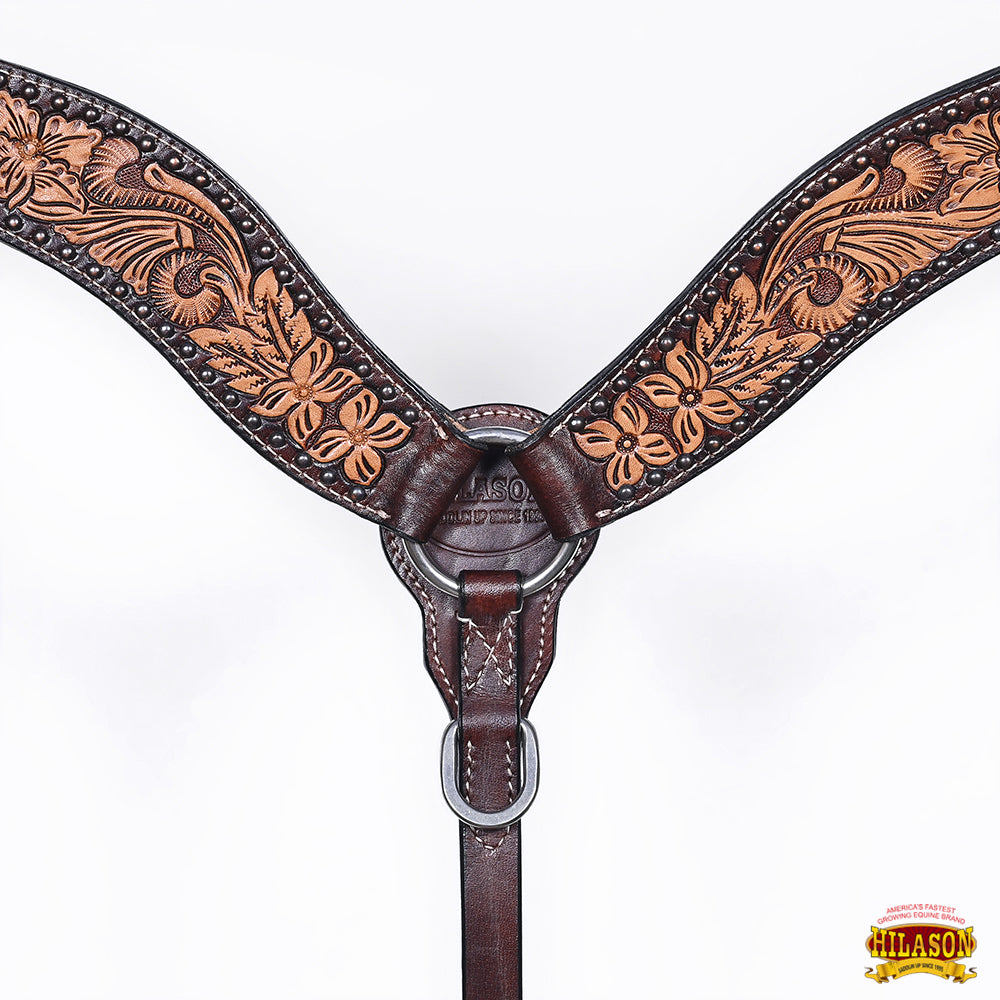 Hilason Horse Floral Hand Carved American Leather Breast Collar Headstall Dark Brown