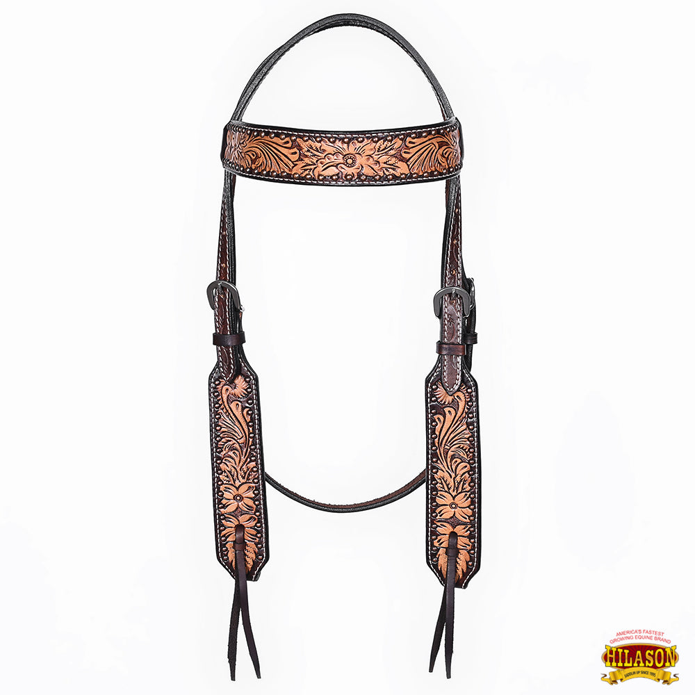 Hilason Horse Floral Hand Carved American Leather Breast Collar Headstall Dark Brown