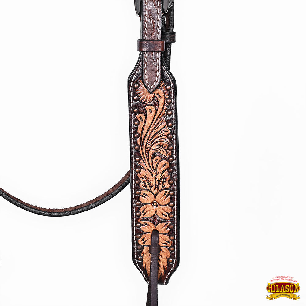 Hilason Horse Floral Hand Carved American Leather Breast Collar Headstall Dark Brown
