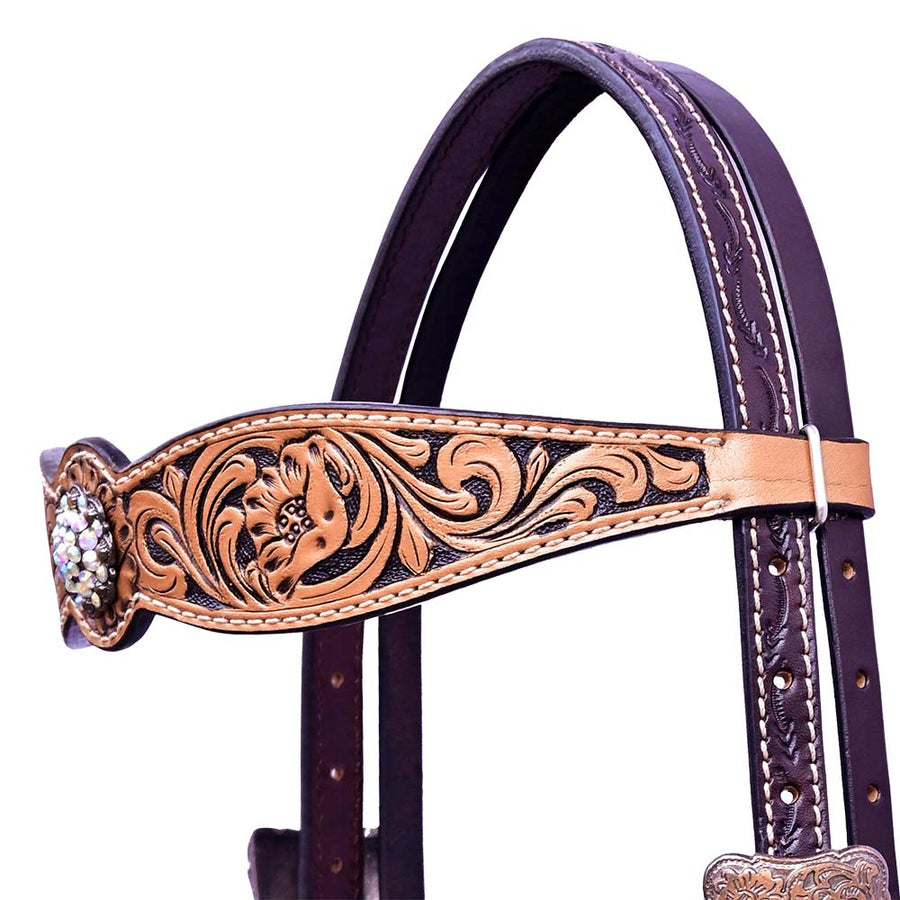 COMFYTACK Horse Floral Hand Carved Headstall Breast Collar Genuine Leather Concho Brown / Tan