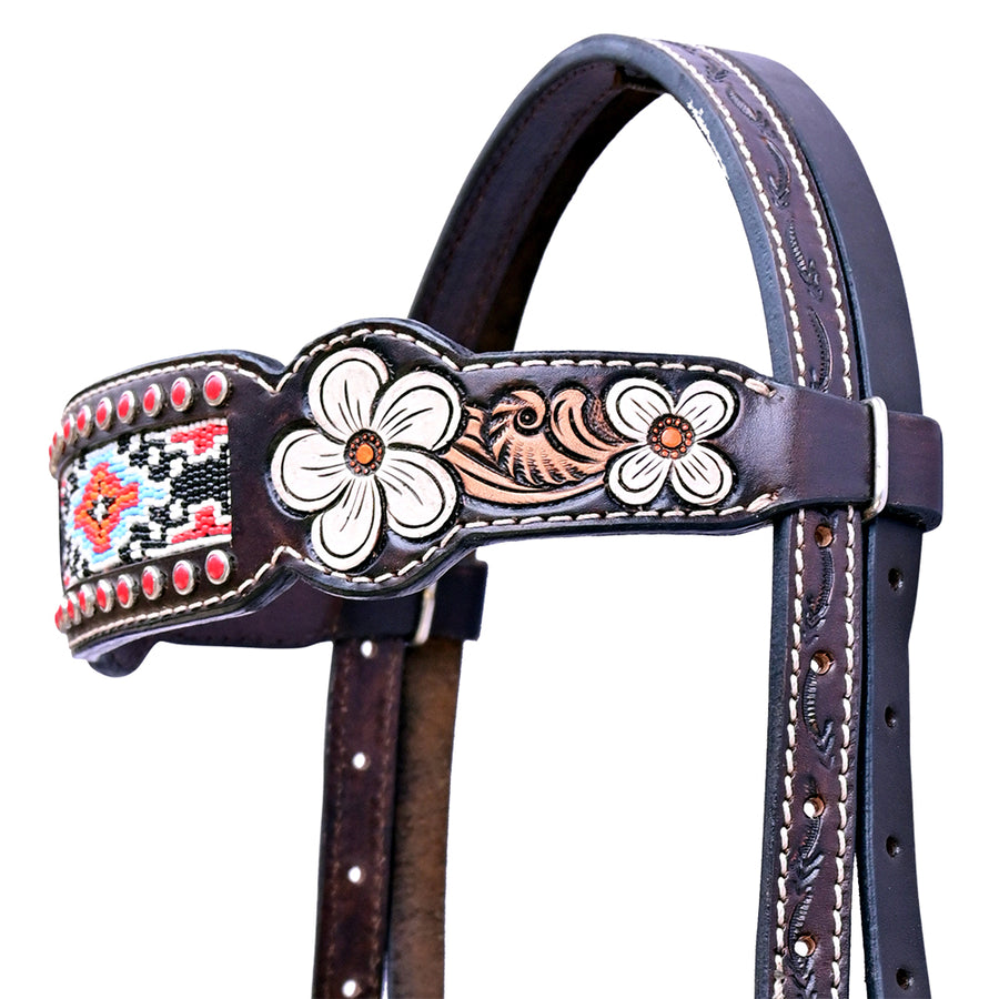 Hilason Horse Floral Hand Painted American Leather Breast Collar Headstall W/ Beaded Dark Brown