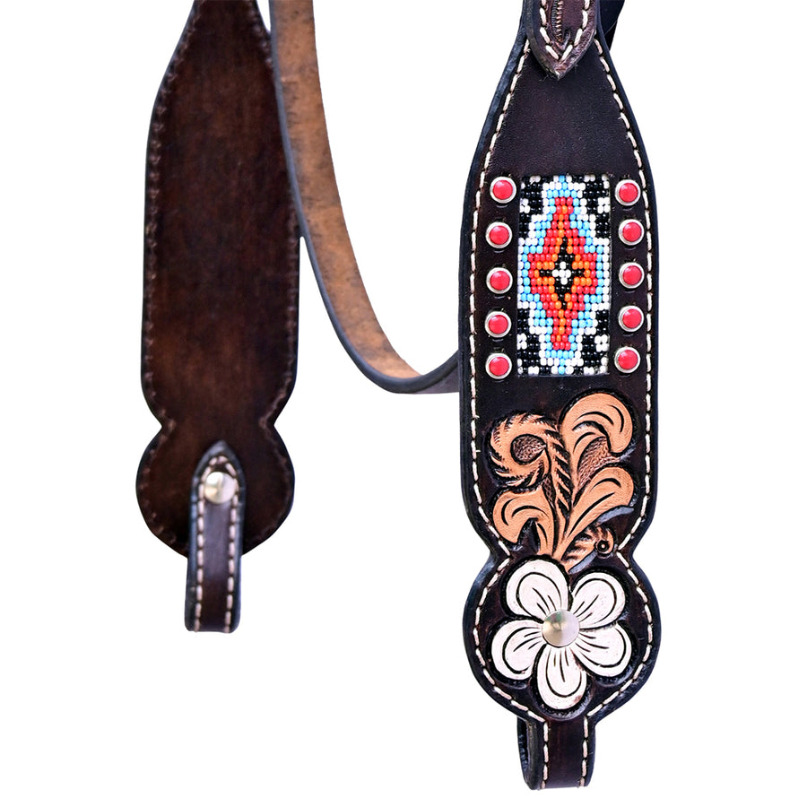 Hilason Horse Floral Hand Painted American Leather Breast Collar Headstall W/ Beaded Dark Brown