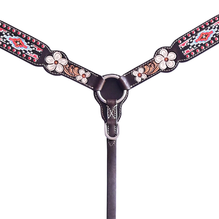 Hilason Horse Floral Hand Painted American Leather Breast Collar Headstall W/ Beaded Dark Brown