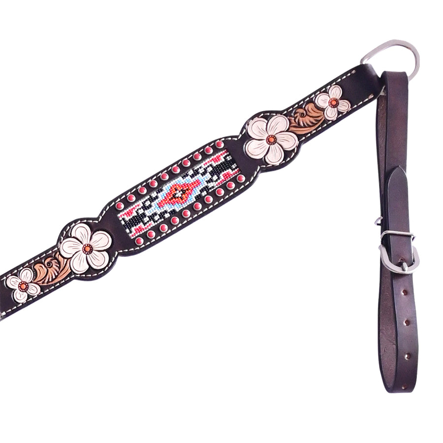 Hilason Horse Floral Hand Painted American Leather Breast Collar Headstall W/ Beaded Dark Brown