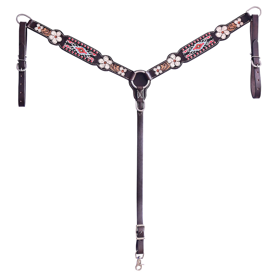 Hilason Horse Floral Hand Painted American Leather Breast Collar Headstall W/ Beaded Dark Brown