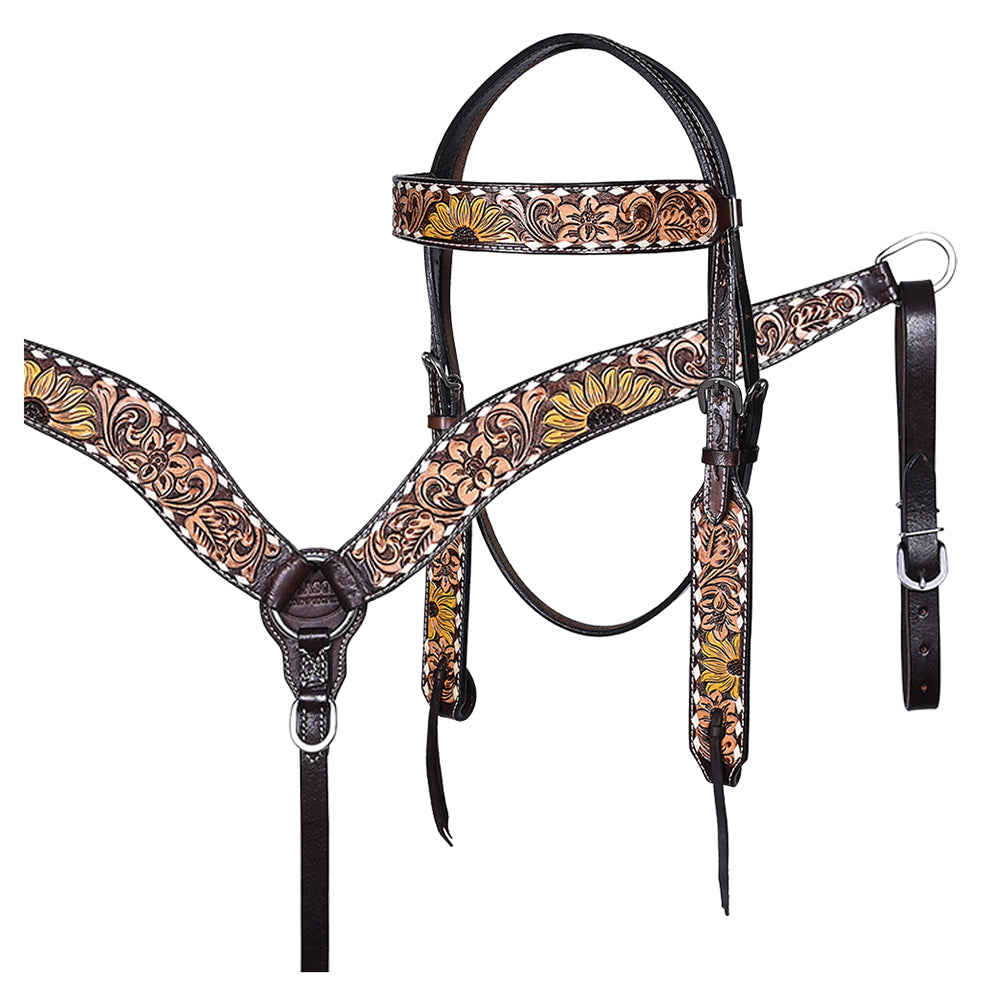 Hilason Horse Floral Hand Painted American Leather Breast Collar Headstall Dark Brown