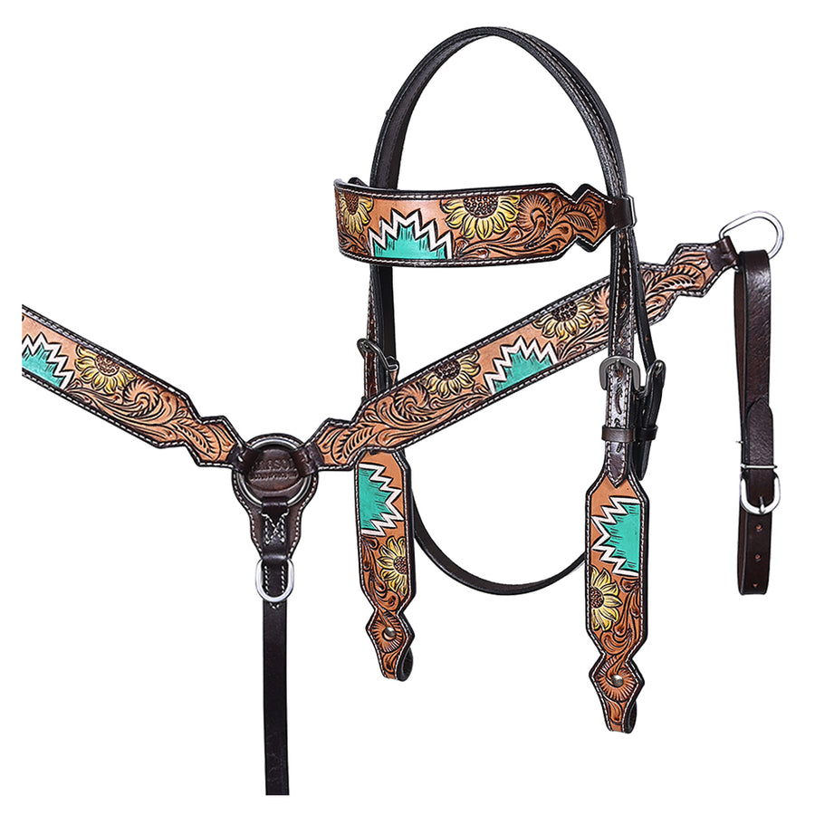 Hilason Horse Floral Hand Painted American Leather Breast Collar Headstall Dark Brown - Uhorse