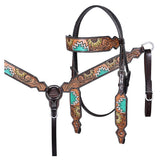 Hilason Horse Floral Hand Painted American Leather Breast Collar Headstall Dark Brown