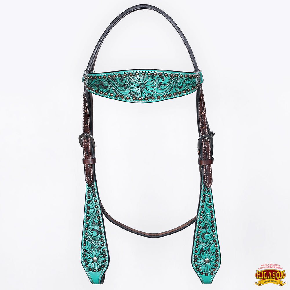 Hilason Horse Floral Hand Painted American Leather Breast Collar Headstall Turquoise