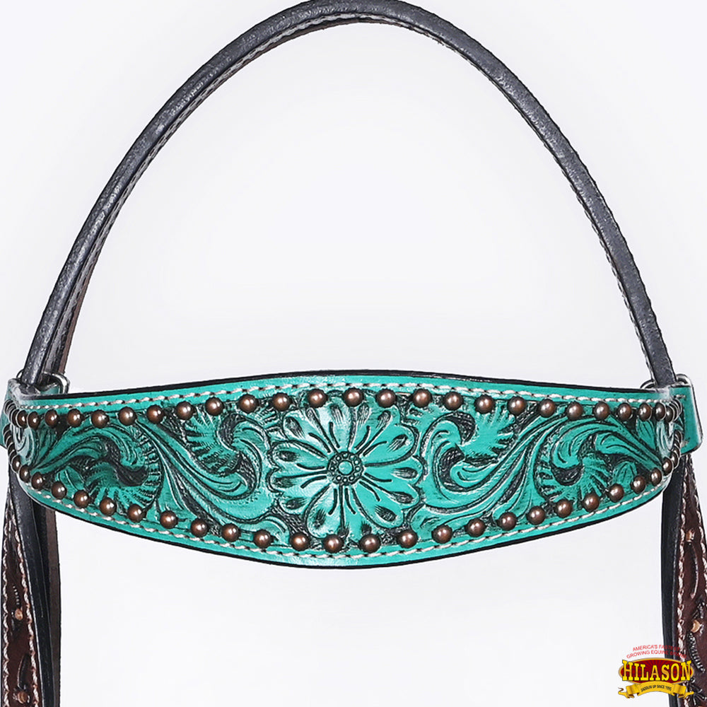 Hilason Horse Floral Hand Painted American Leather Breast Collar Headstall Turquoise