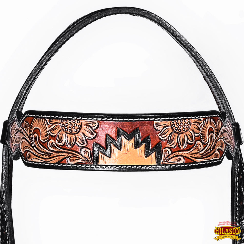 Hilason Horse Floral Hand Painted American Leather Breast Collar Headstall Dark Brown
