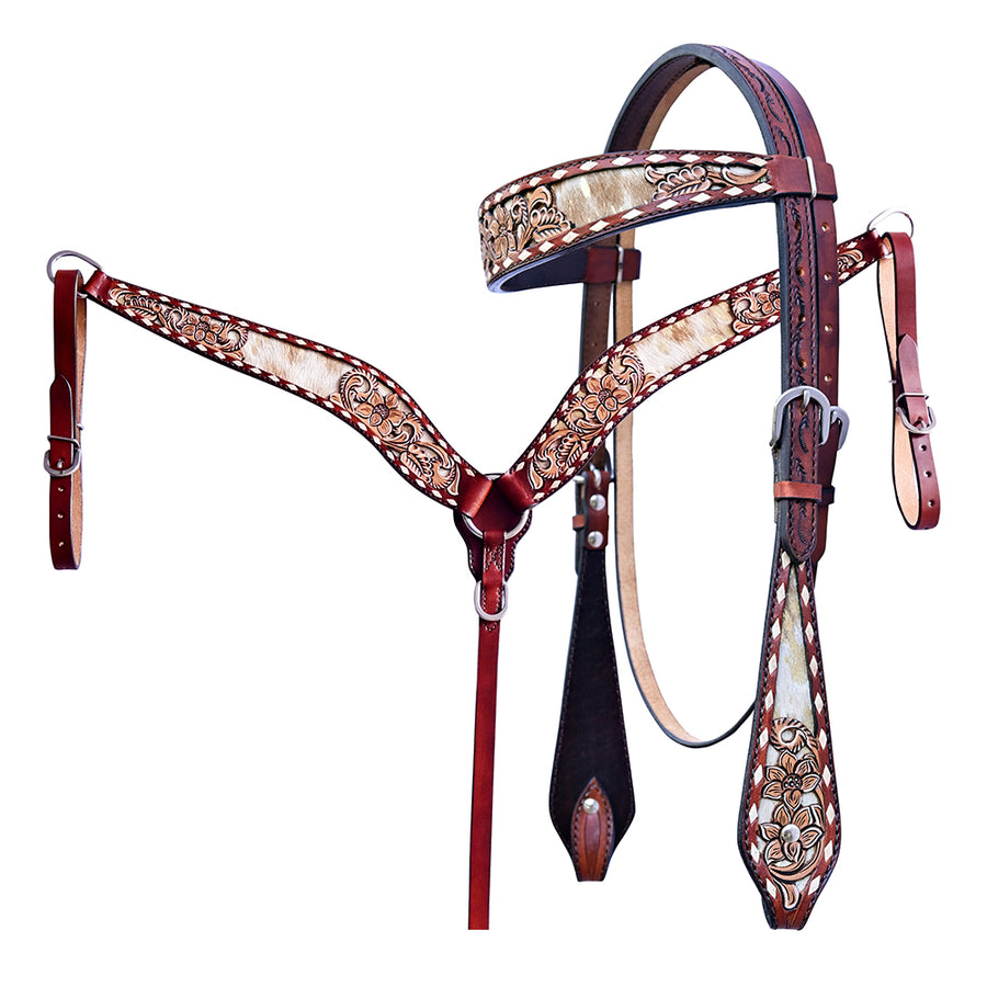 HILASON W. H. Floral Hand Carved Tk. Set Genuine Leather Brown – by Hilason – Cowboy and equestrian accessories